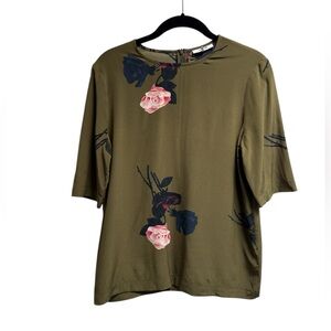 GANNI Women’s Hunter Green Rose Print Crewneck Silk Blouse - Size X-Small